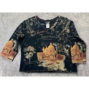 Boho Art Graphic Top Venice Italy Scenic Print V Neck 3/4 Sleeve Women's XL